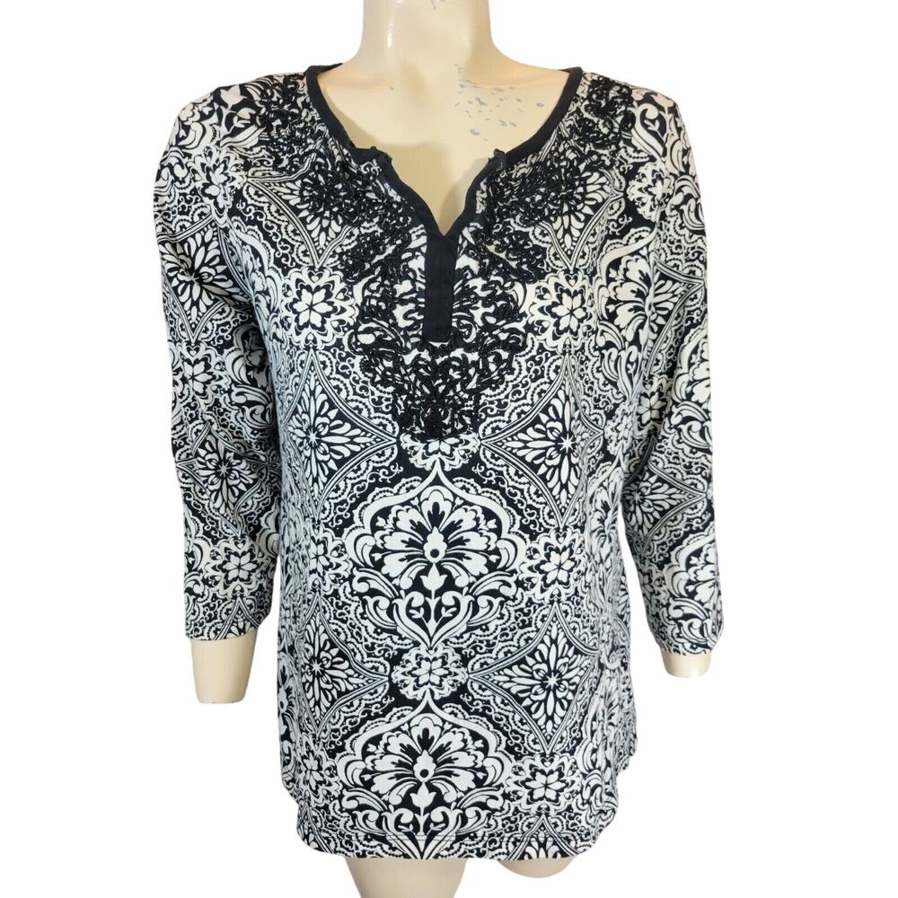 Charter Club black White Damask Print V-Neck Long Sleeve Top Womens Size Large P